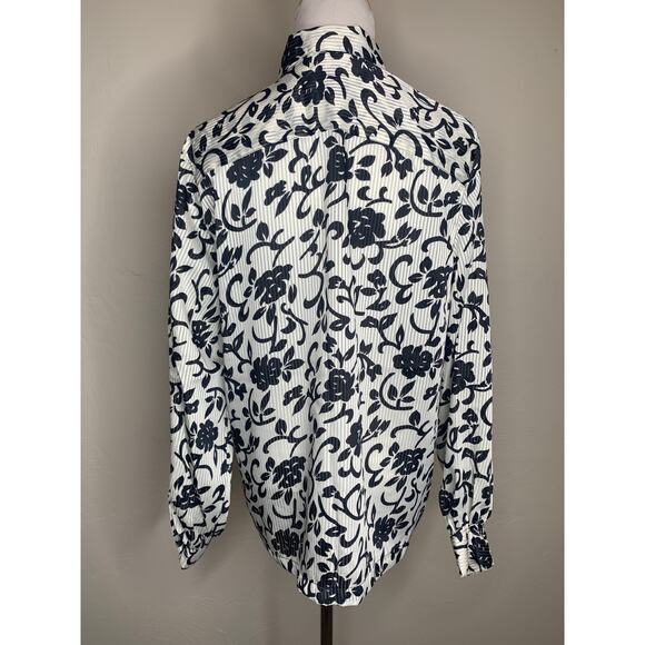 Black White Button Front Blouse Sz Medium Floral Print Sheer - Picture 2 of 8